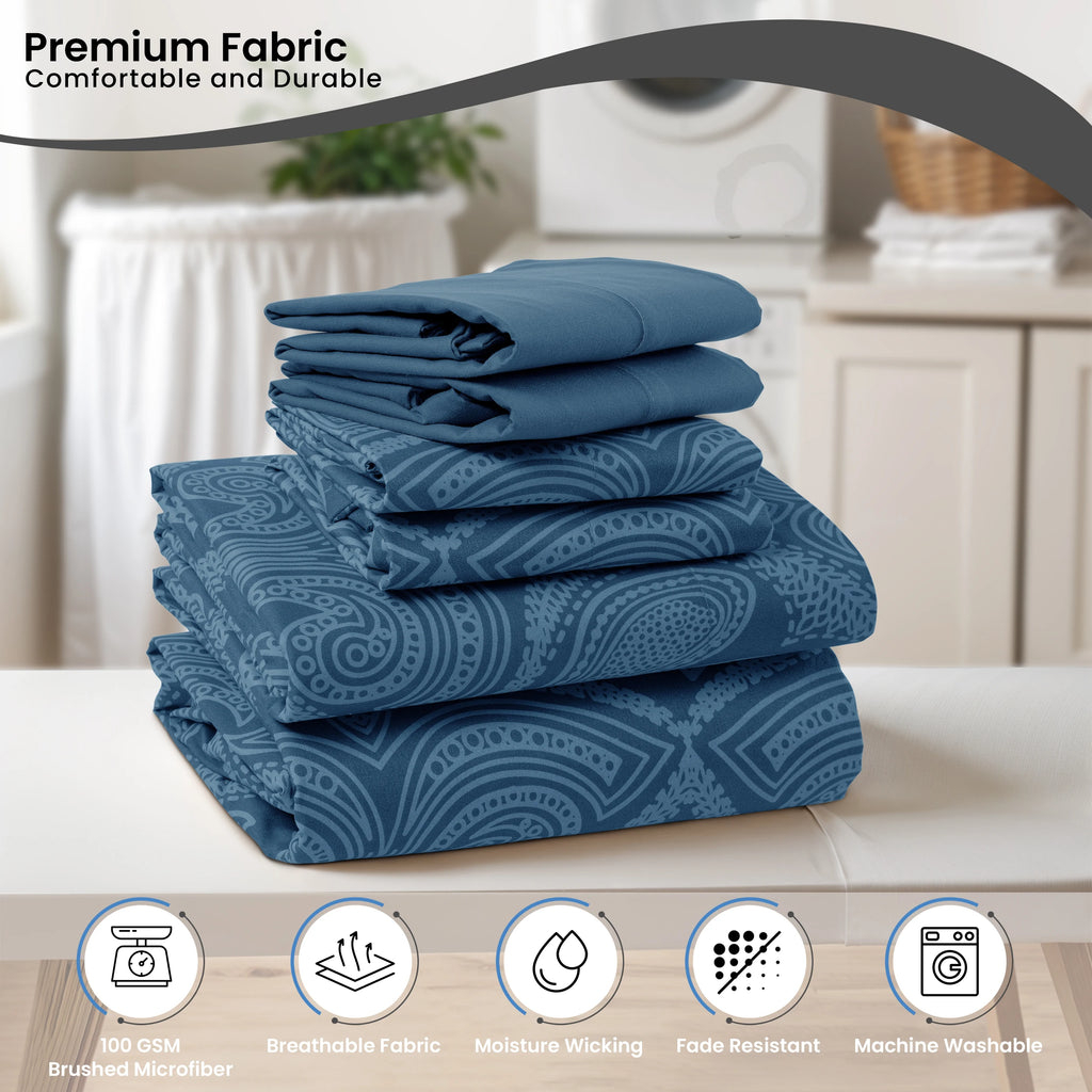 Lux Decor 6Pc Paisley Sheet Set – Soft Microfiber, Wrinkle-Free, Luxurious Printed Bed Sheets