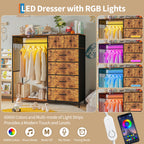 150cm Chest of Drawers, Reversible 6 Fabric Drawers Hanging Rack Dresser Closet w/LED Lights & Charging Station