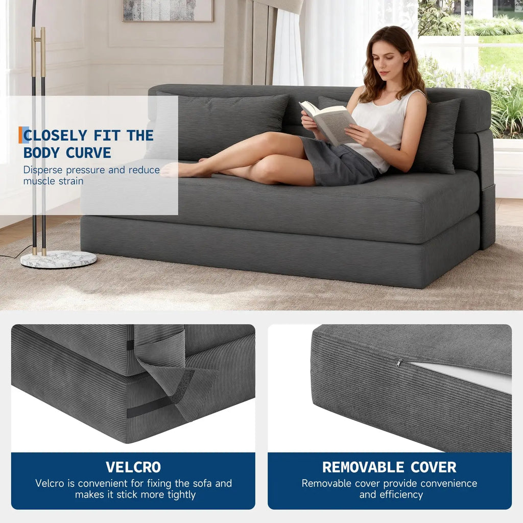 4-in-1 Folding Sofa Bed Convertible Sleeper Soft Corduroy Loveseat Couch With Pillow