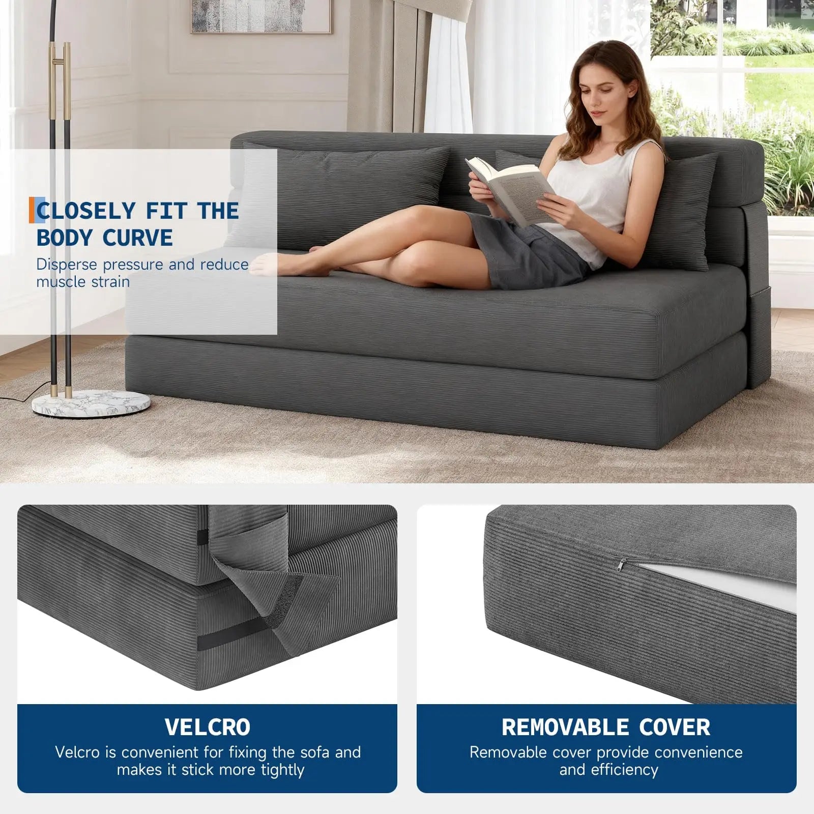 4-in-1 Folding Sofa Bed Convertible Sleeper Soft Corduroy Loveseat Couch With Pillow