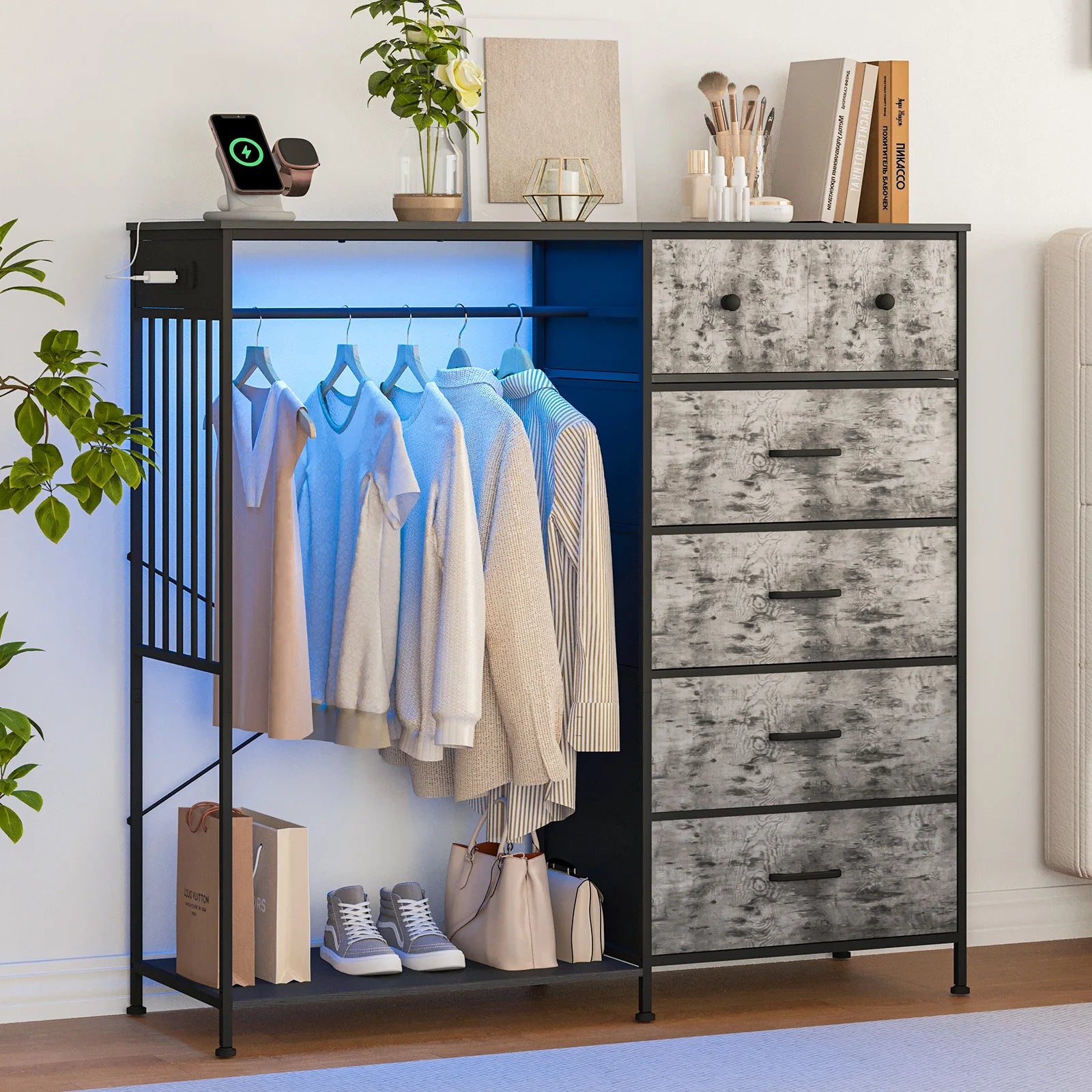 150cm Chest of Drawers, Reversible 6 Fabric Drawers Hanging Rack Dresser Closet w/LED Lights & Charging Station