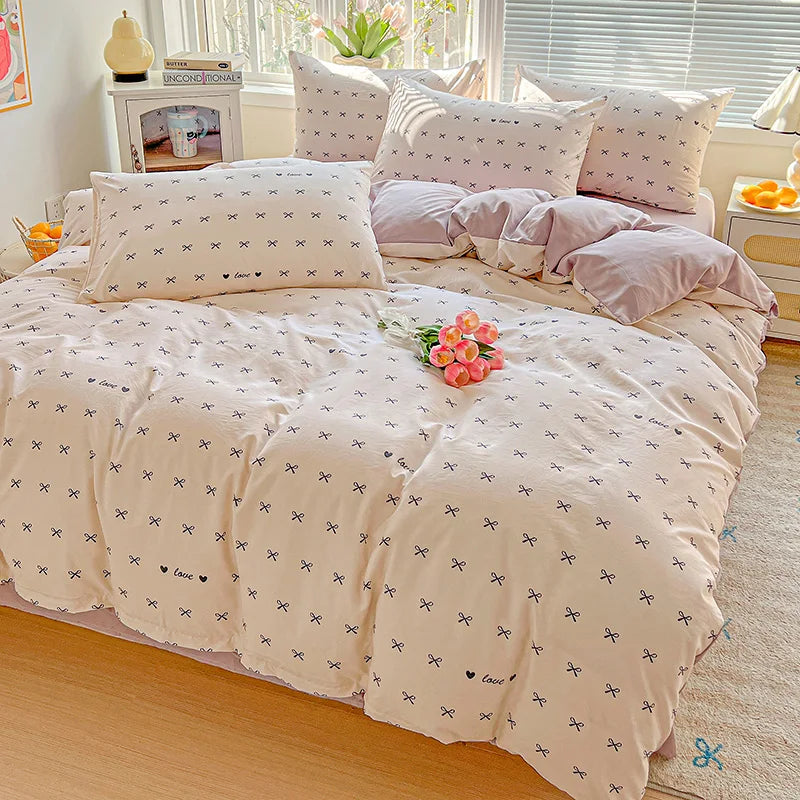 American Pastoral Floral Printed Bedding Set Soft Skin-Friendly Double King Size Duvet Cover Set with Flat Sheet and Pillowcases