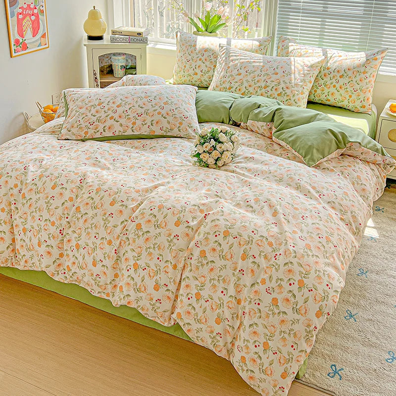 American Pastoral Floral Printed Bedding Set Soft Skin-Friendly Double King Size Duvet Cover Set with Flat Sheet and Pillowcases