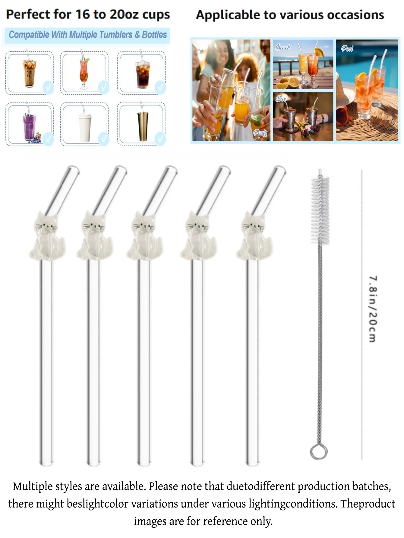 1/3/6PCS White Cat Curved Glass Straw