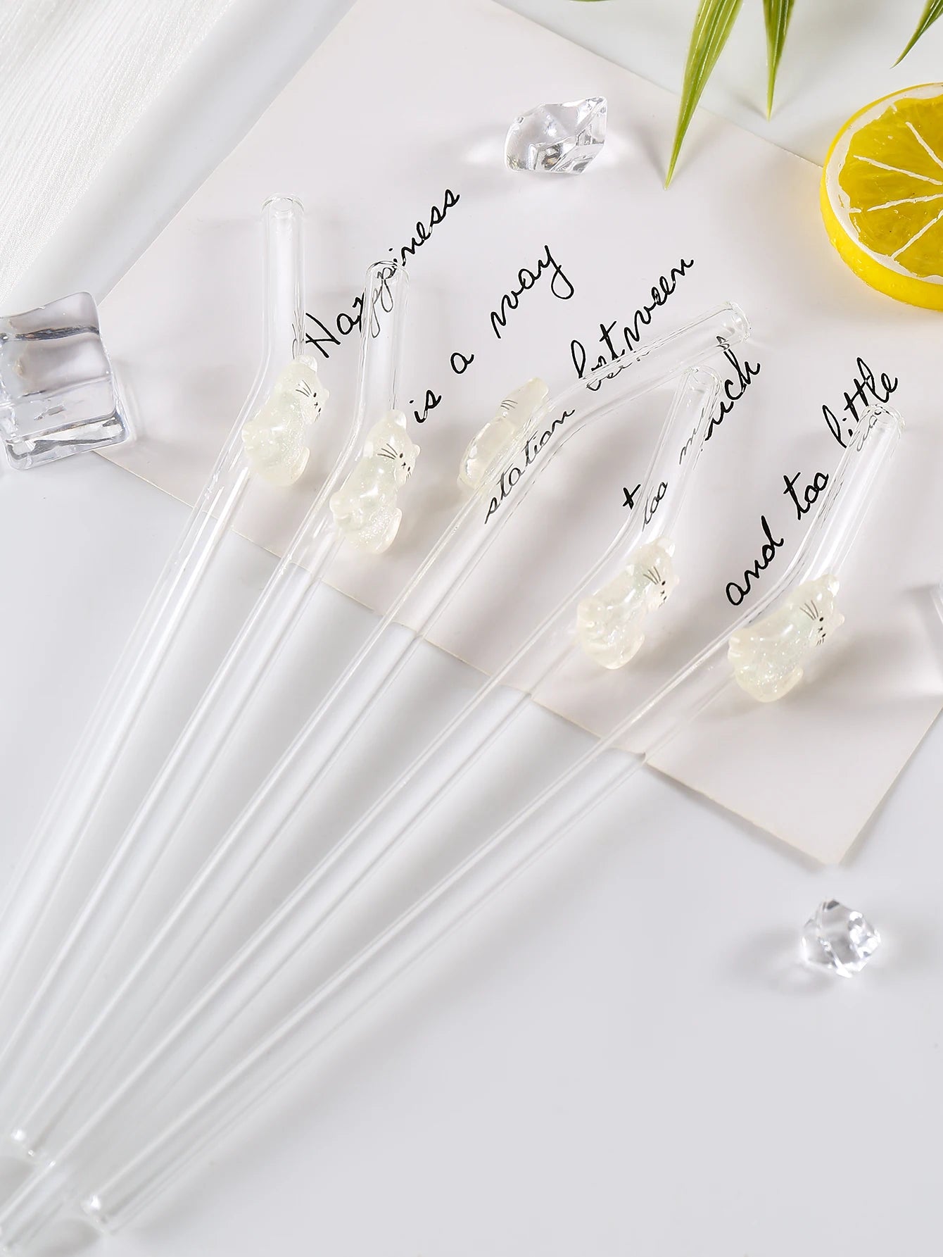 1/3/6PCS White Cat Curved Glass Straw