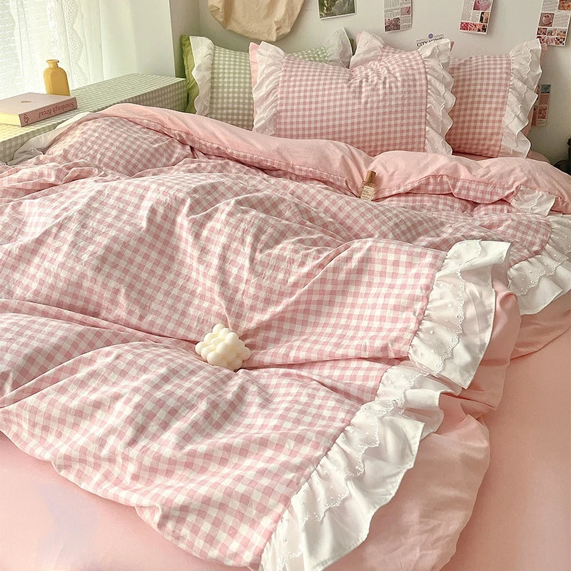 3 Piece Sheet Set  pink plaid duvet cover Set, Comfortable Bedding Set Bedspread for All Season