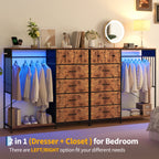 150cm Chest of Drawers, Reversible 6 Fabric Drawers Hanging Rack Dresser Closet w/LED Lights & Charging Station