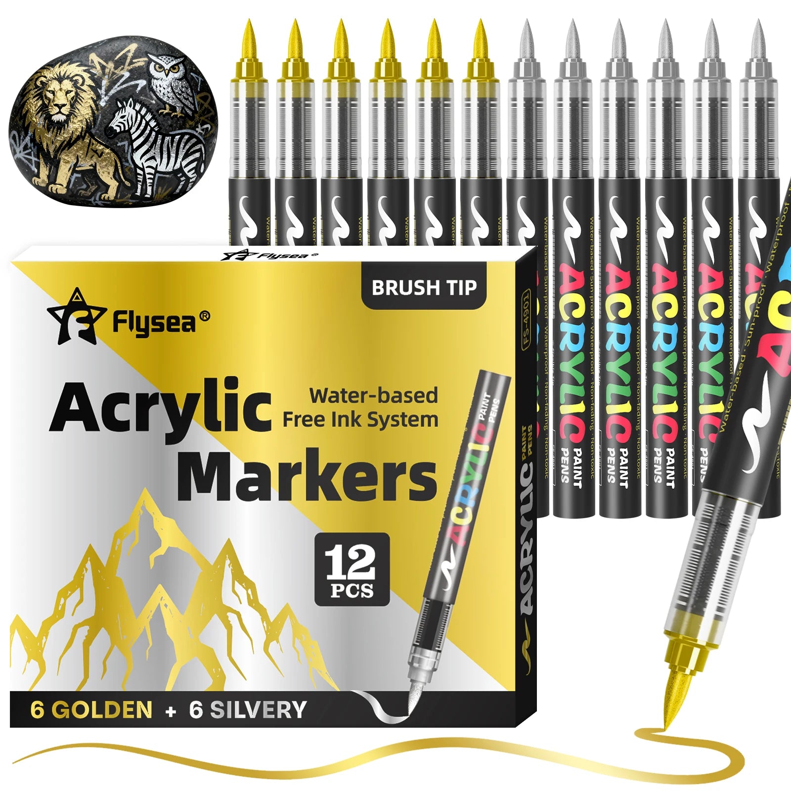 12-Pack (Gold, Silver, Black, White) Acrylic Paint Markers