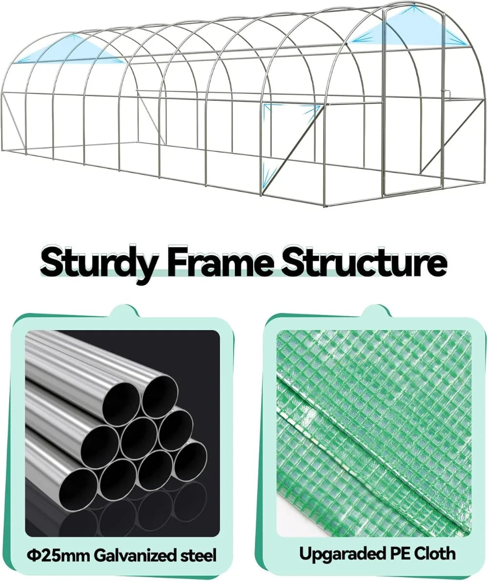 Large 27x10x7 ft Greenhouse with Reinforced Steel Frame, PE Cover,  for Outdoor Garden