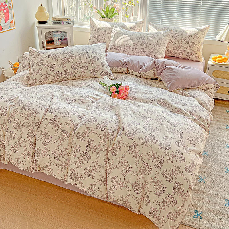 American Pastoral Floral Printed Bedding Set Soft Skin-Friendly Double King Size Duvet Cover Set with Flat Sheet and Pillowcases