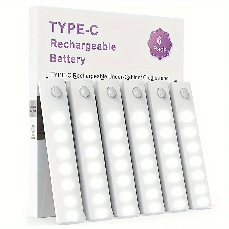 Under Cabinet Lights 6 Pack Motion Sensor Light Indoor LED USB-C Rechargeable Battery Operated Stick-On Light