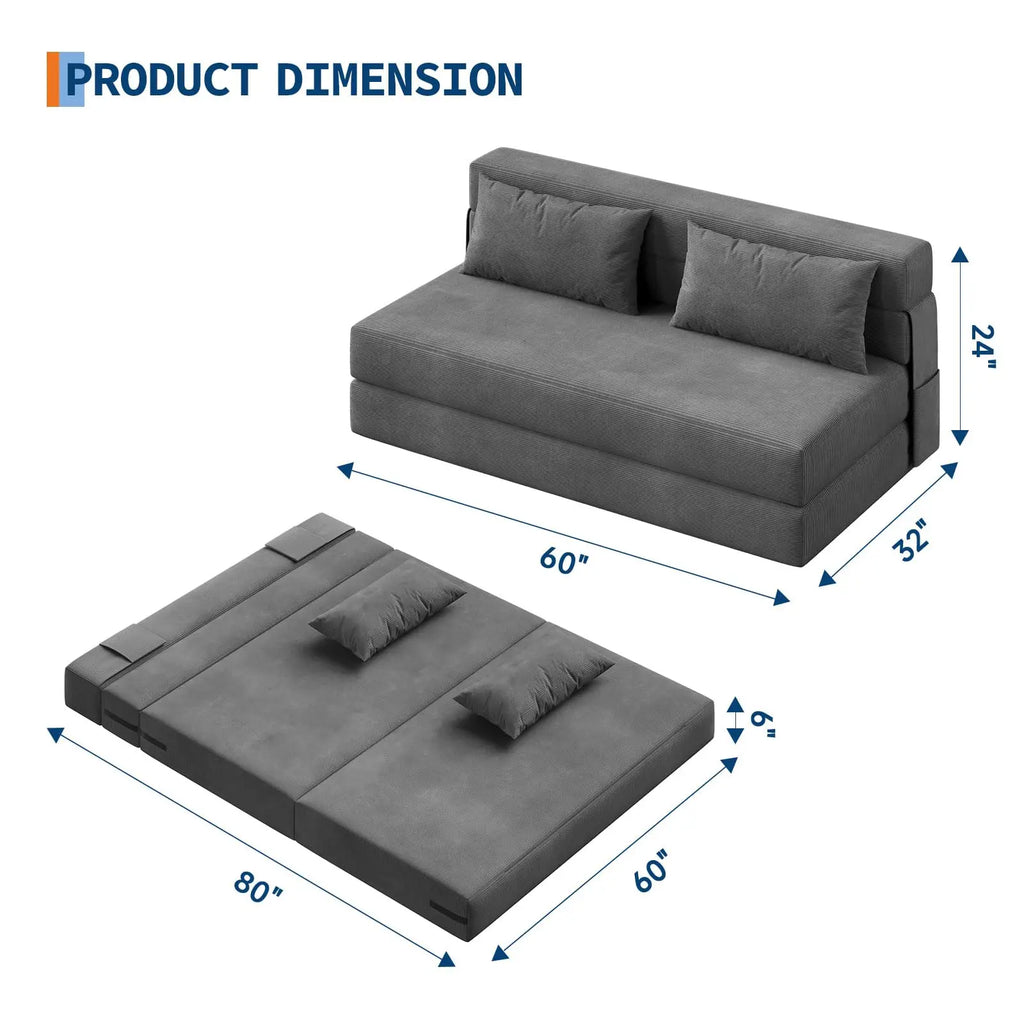 4-in-1 Folding Sofa Bed Convertible Sleeper Soft Corduroy Loveseat Couch With Pillow
