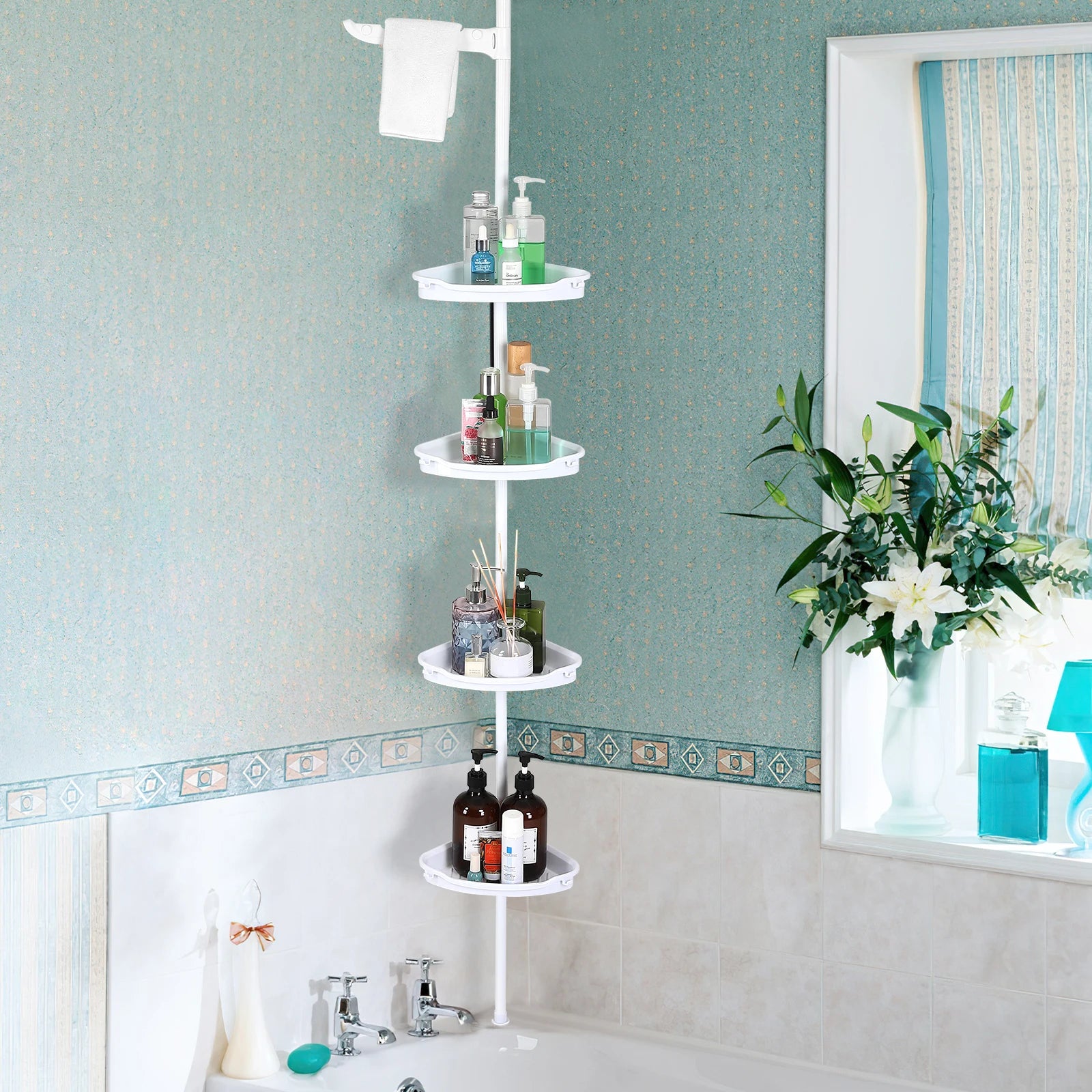 Corner Shower Caddy with Tension Pole 4-Tier Adjustable Shelves