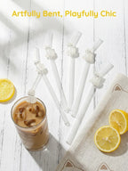 1/3/6PCS White Cat Curved Glass Straw