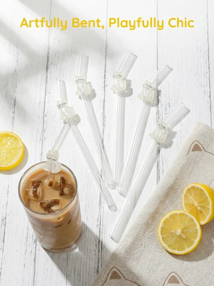 1/3/6PCS White Cat Curved Glass Straw
