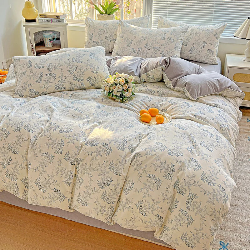 American Pastoral Floral Printed Bedding Set Soft Skin-Friendly Double King Size Duvet Cover Set with Flat Sheet and Pillowcases