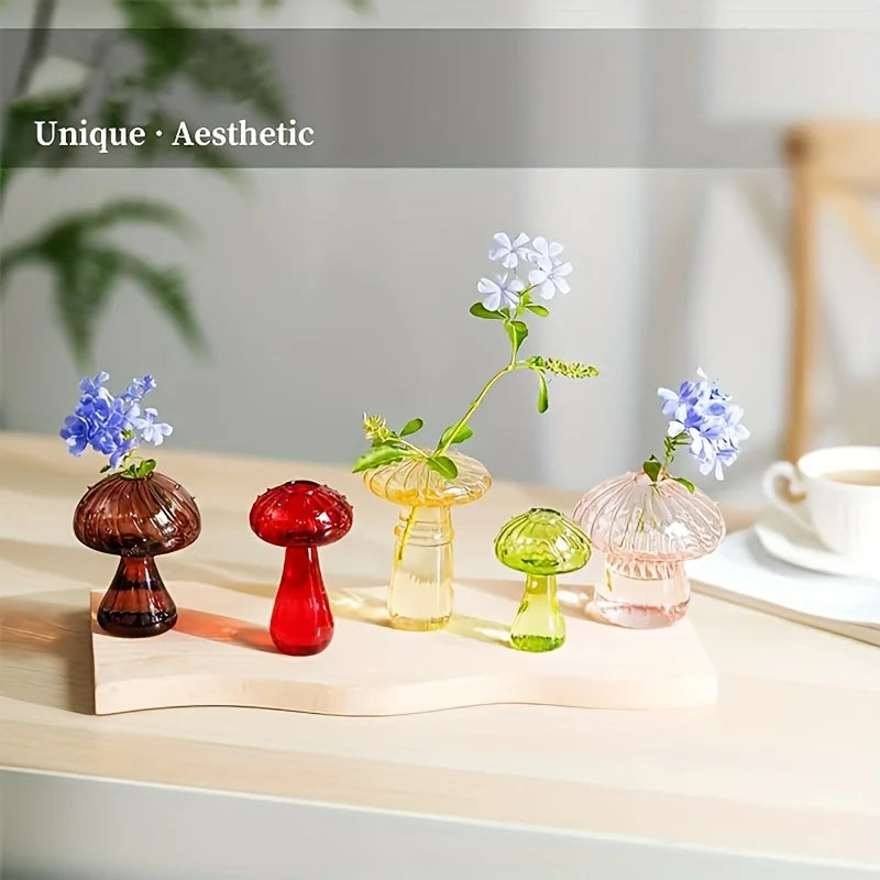 5 Colors Plant Mushroom Glass Vase, Mini Plant Glass Container, Unique Small Glass Vase