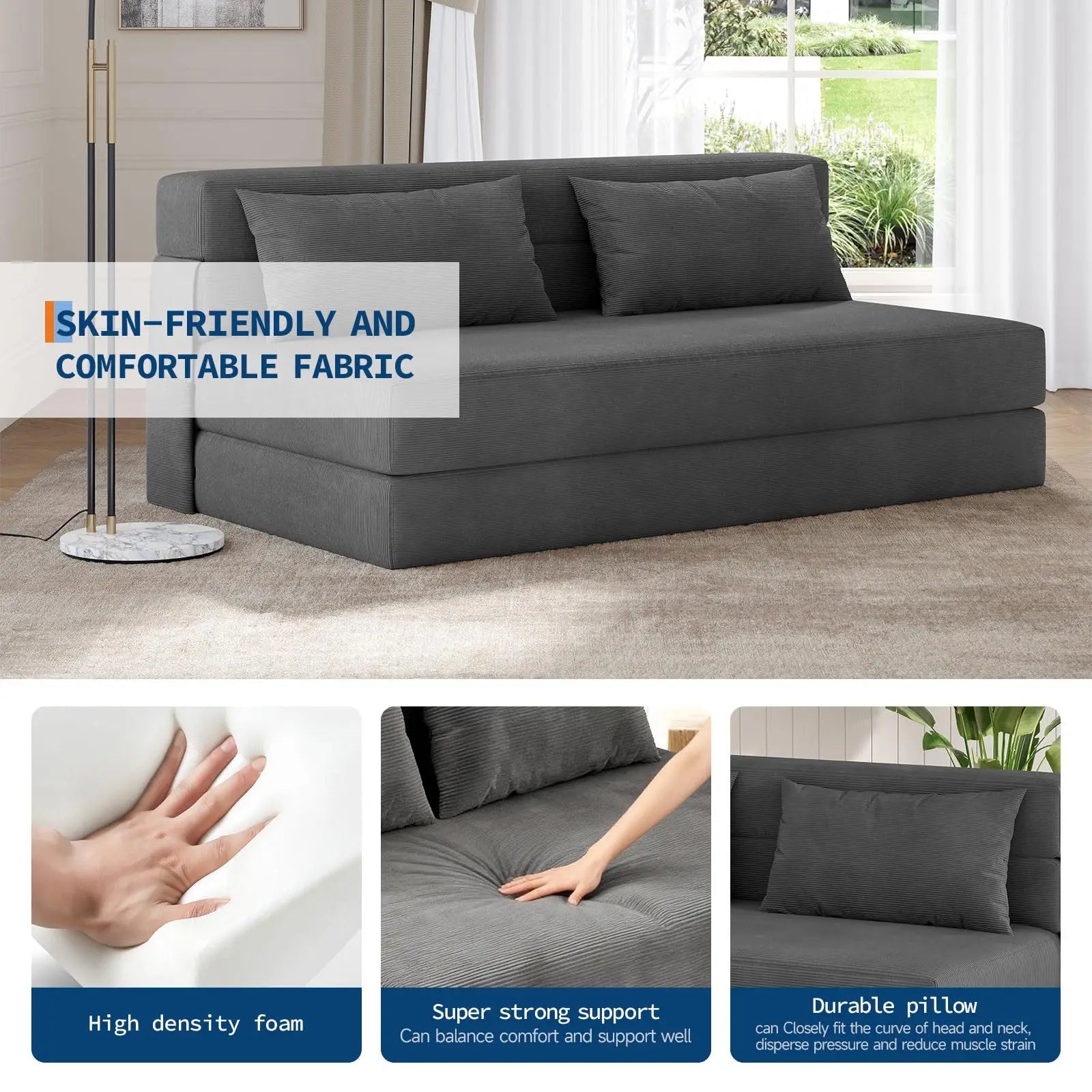 4-in-1 Folding Sofa Bed Convertible Sleeper Soft Corduroy Loveseat Couch With Pillow