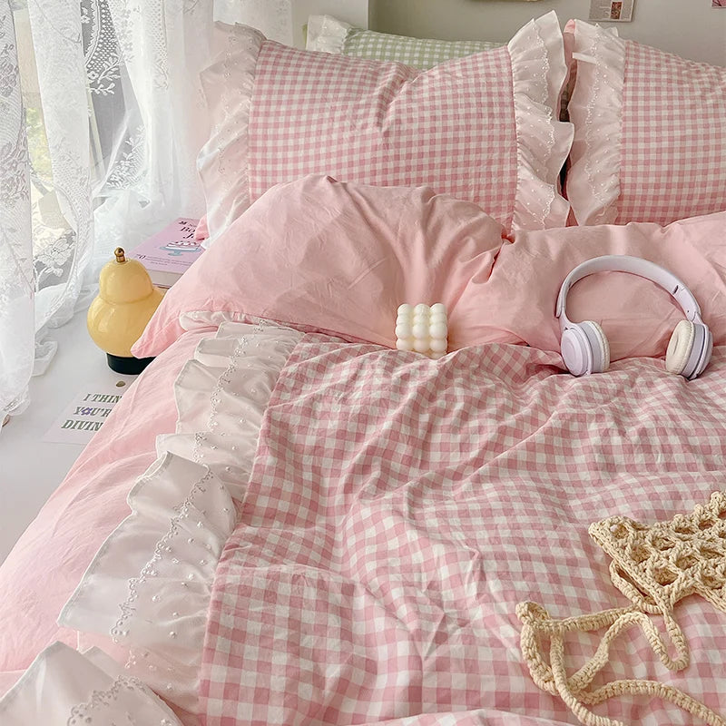 3 Piece Sheet Set  pink plaid duvet cover Set, Comfortable Bedding Set Bedspread for All Season