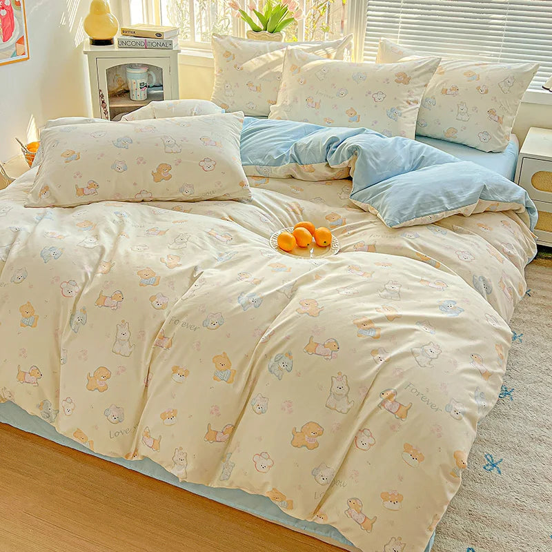 American Pastoral Floral Printed Bedding Set Soft Skin-Friendly Double King Size Duvet Cover Set with Flat Sheet and Pillowcases