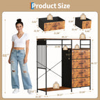 150cm Chest of Drawers, Reversible 6 Fabric Drawers Hanging Rack Dresser Closet w/LED Lights & Charging Station