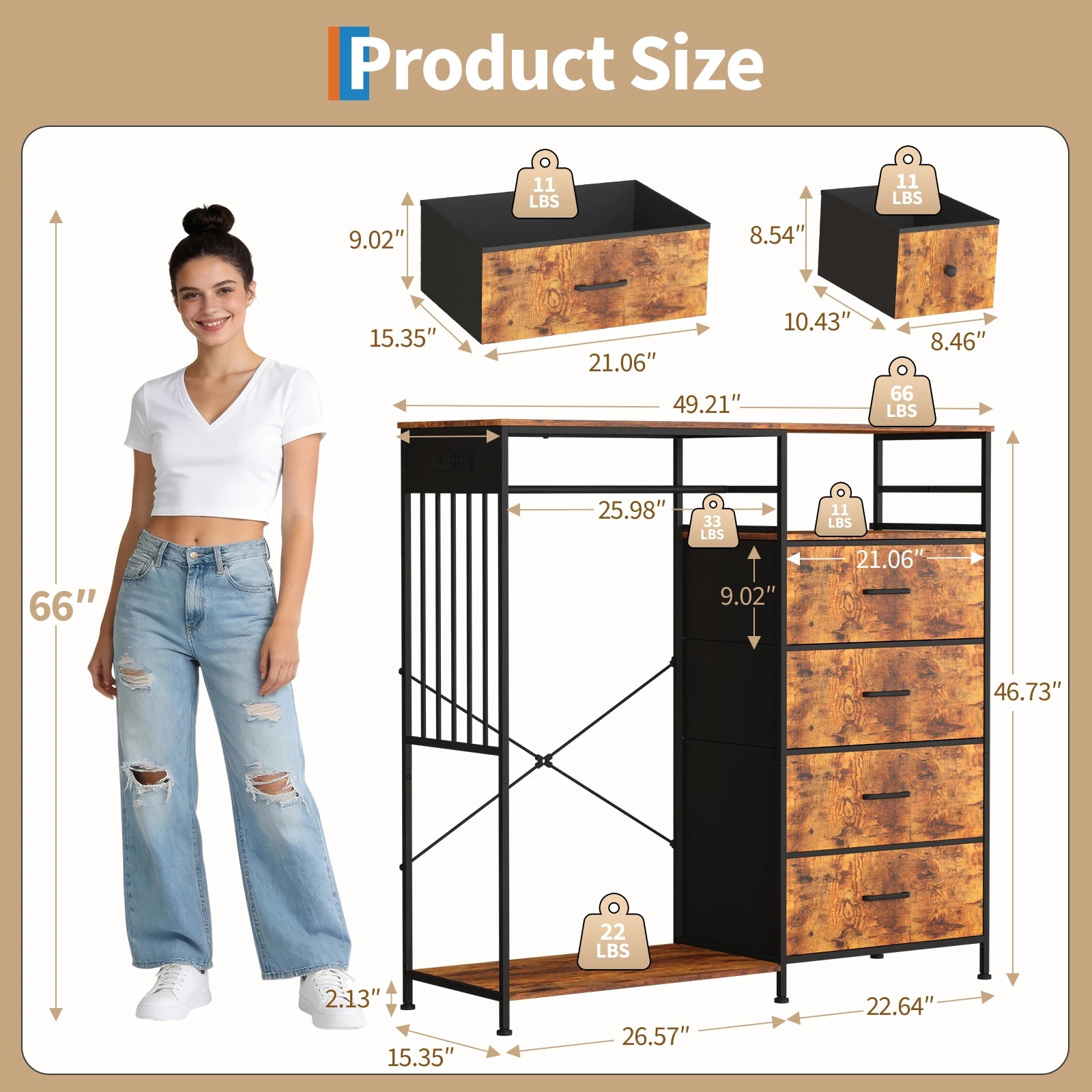 150cm Chest of Drawers, Reversible 6 Fabric Drawers Hanging Rack Dresser Closet w/LED Lights & Charging Station