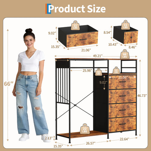 150cm Chest of Drawers, Reversible 6 Fabric Drawers Hanging Rack Dresser Closet w/LED Lights & Charging Station