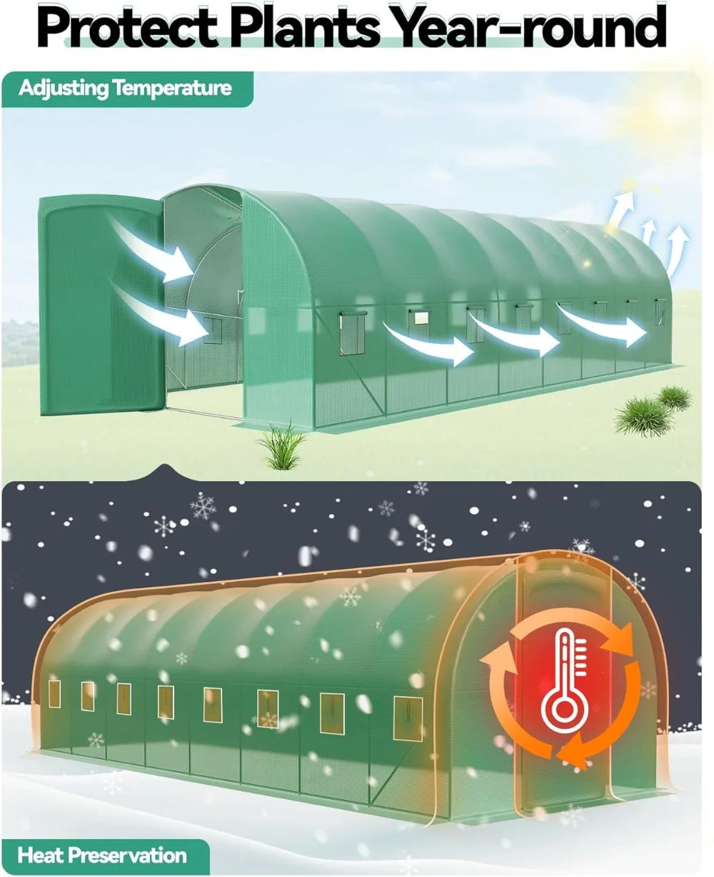 Large 27x10x7 ft Greenhouse with Reinforced Steel Frame, PE Cover,  for Outdoor Garden