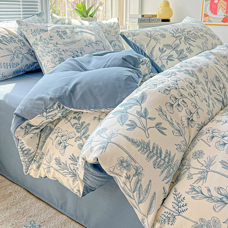 American Pastoral Floral Printed Bedding Set Soft Skin-Friendly Double King Size Duvet Cover Set with Flat Sheet and Pillowcases