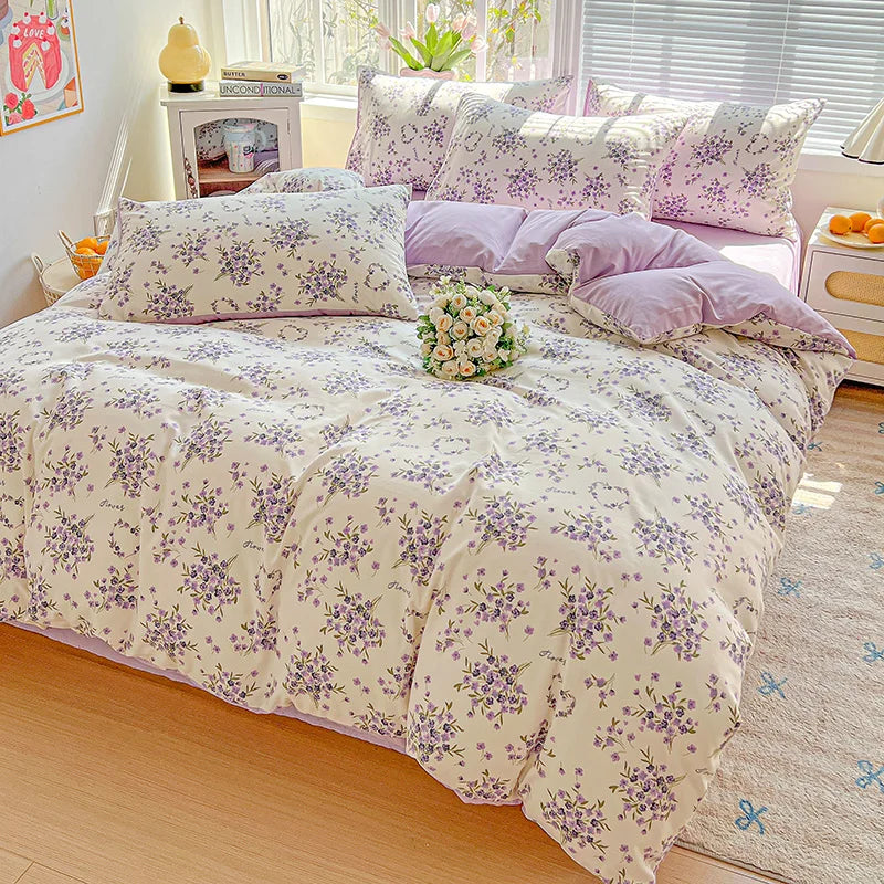 American Pastoral Floral Printed Bedding Set Soft Skin-Friendly Double King Size Duvet Cover Set with Flat Sheet and Pillowcases