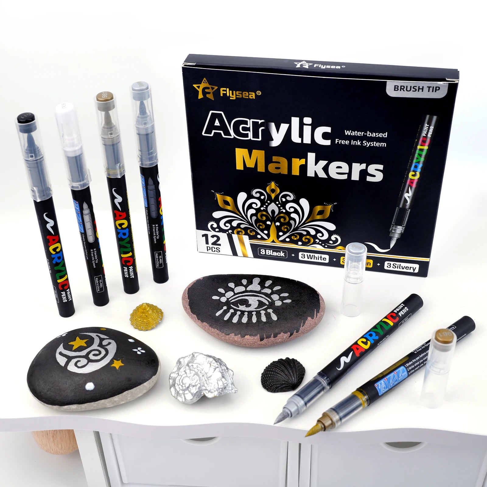 12-Pack (Gold, Silver, Black, White) Acrylic Paint Markers