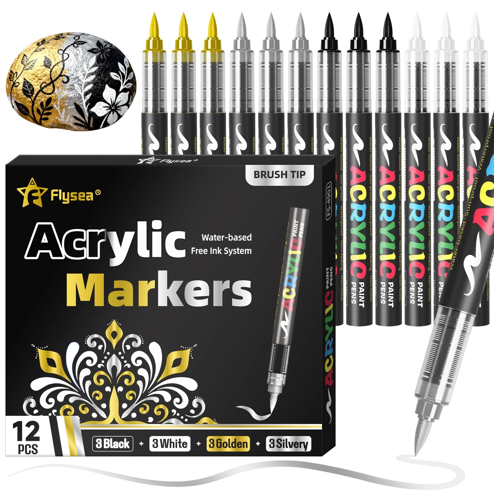 12-Pack (Gold, Silver, Black, White) Acrylic Paint Markers