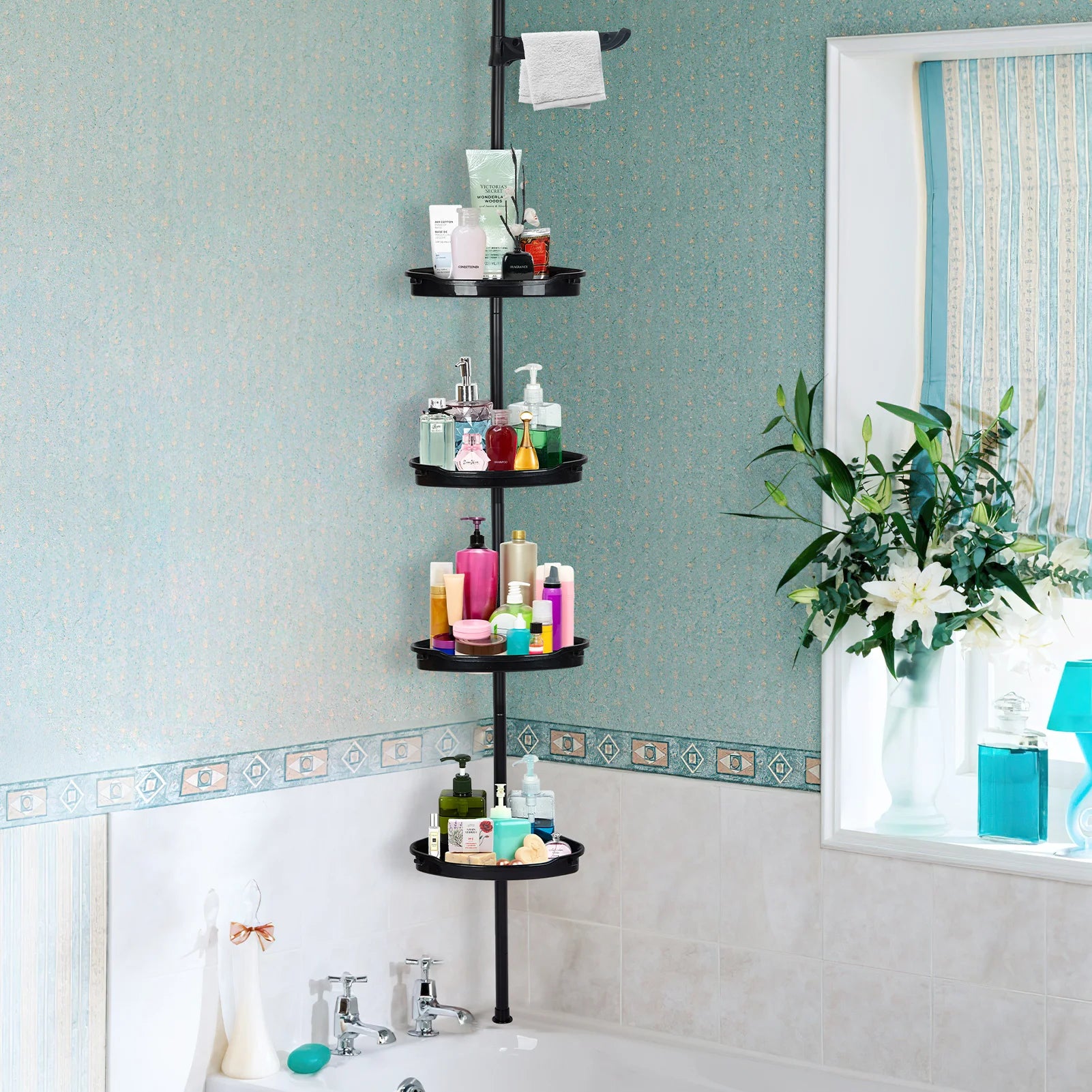 Corner Shower Caddy with Tension Pole 4-Tier Adjustable Shelves