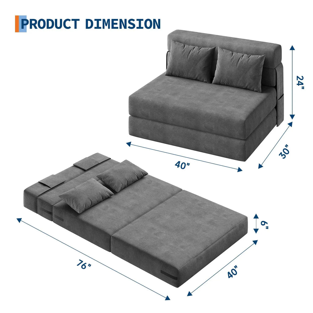 4-in-1 Folding Sofa Bed Convertible Sleeper Soft Corduroy Loveseat Couch With Pillow
