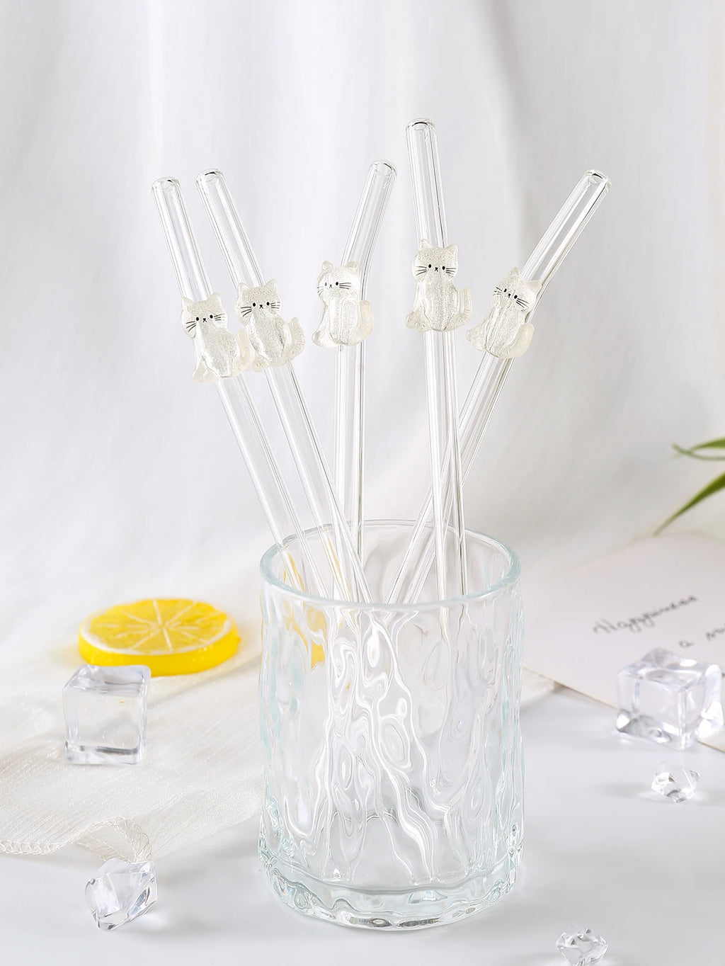 1/3/6PCS White Cat Curved Glass Straw