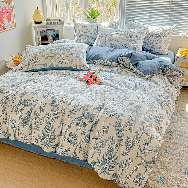 American Pastoral Floral Printed Bedding Set Soft Skin-Friendly Double King Size Duvet Cover Set with Flat Sheet and Pillowcases
