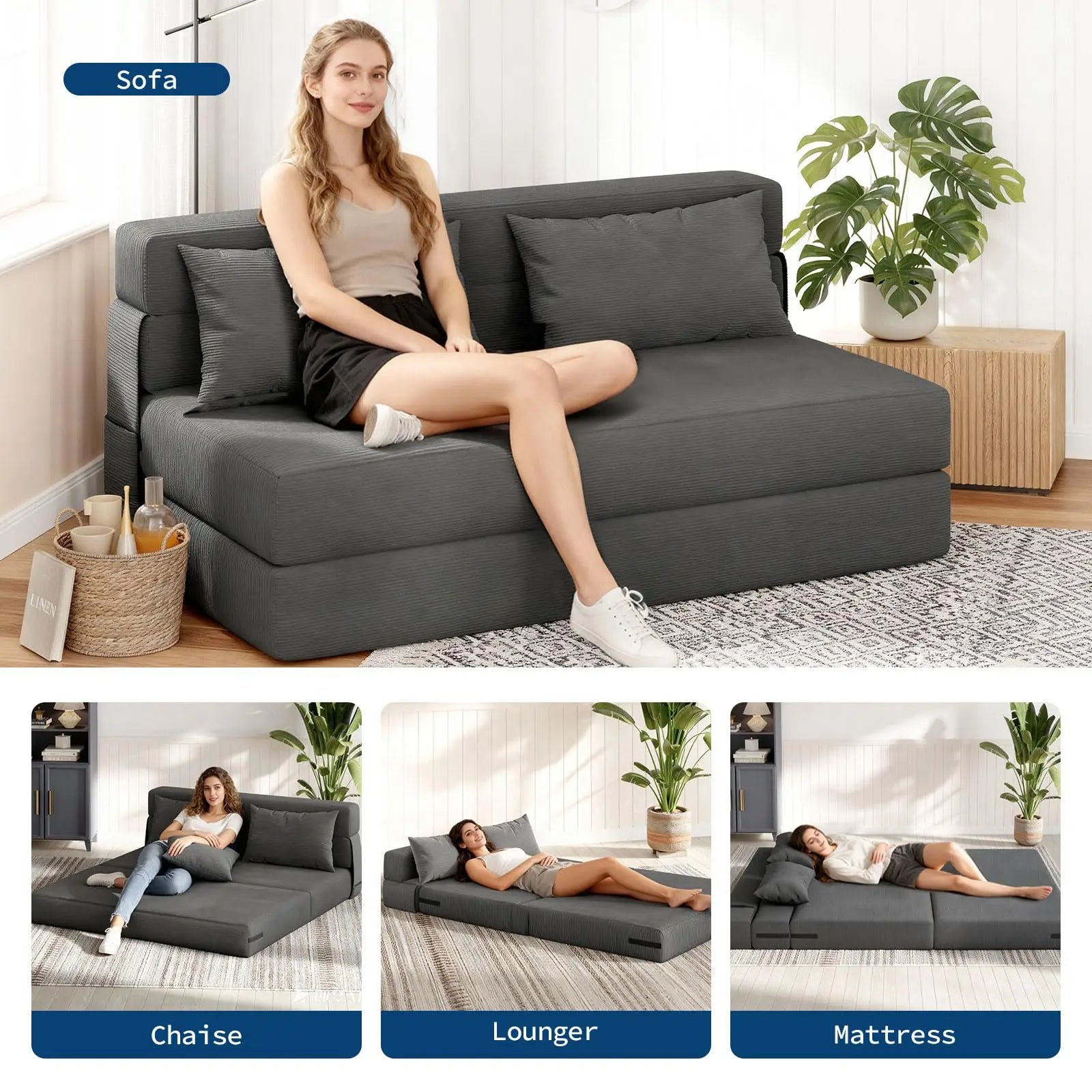 4-in-1 Folding Sofa Bed Convertible Sleeper Soft Corduroy Loveseat Couch With Pillow