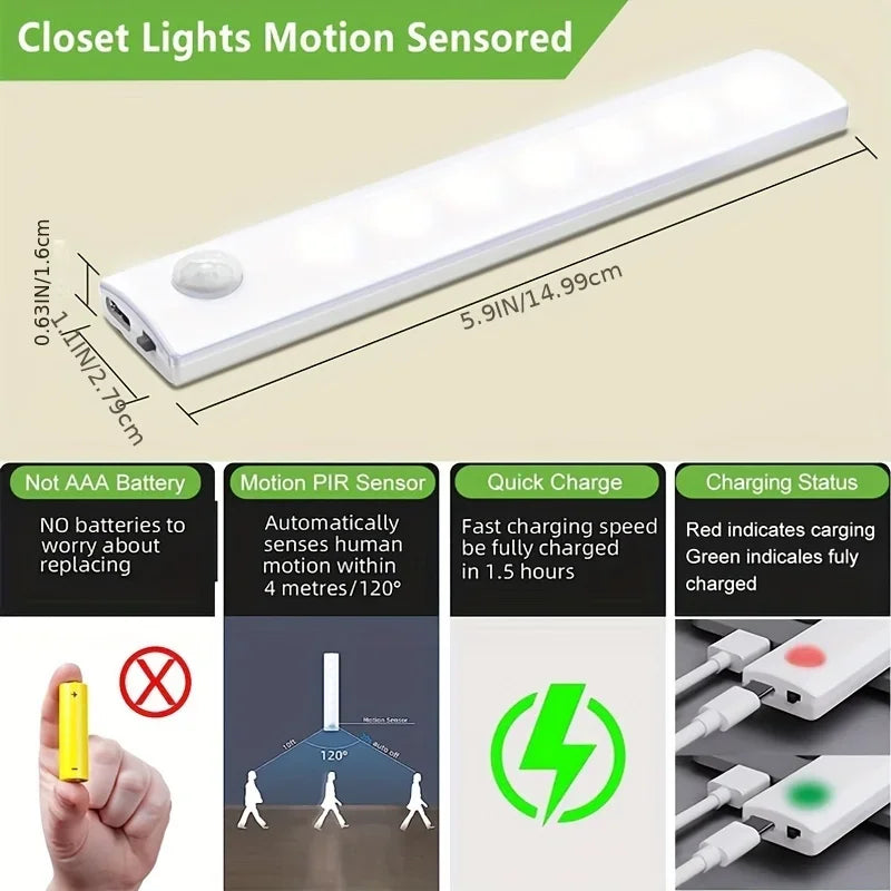Under Cabinet Lights 6 Pack Motion Sensor Light Indoor LED USB-C Rechargeable Battery Operated Stick-On Light
