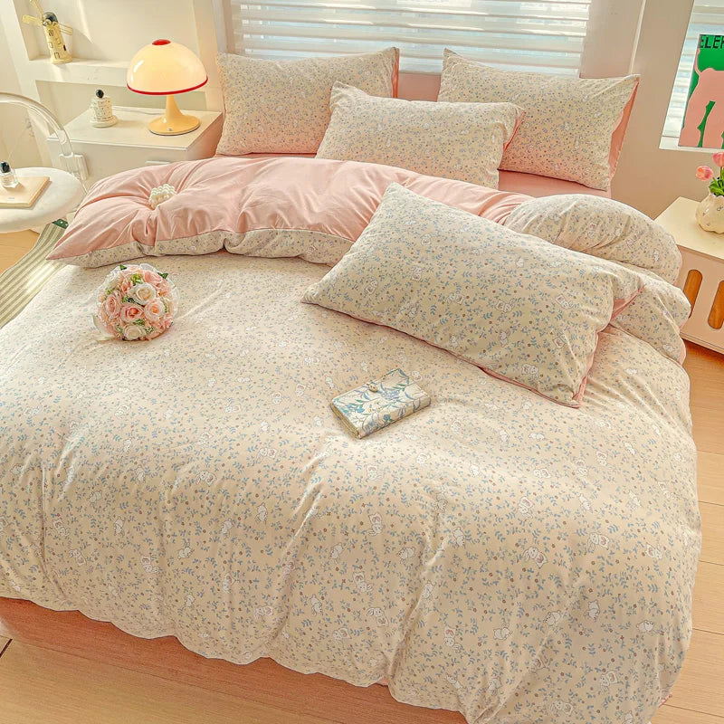 American Pastoral Floral Printed Bedding Set Soft Skin-Friendly Double King Size Duvet Cover Set with Flat Sheet and Pillowcases