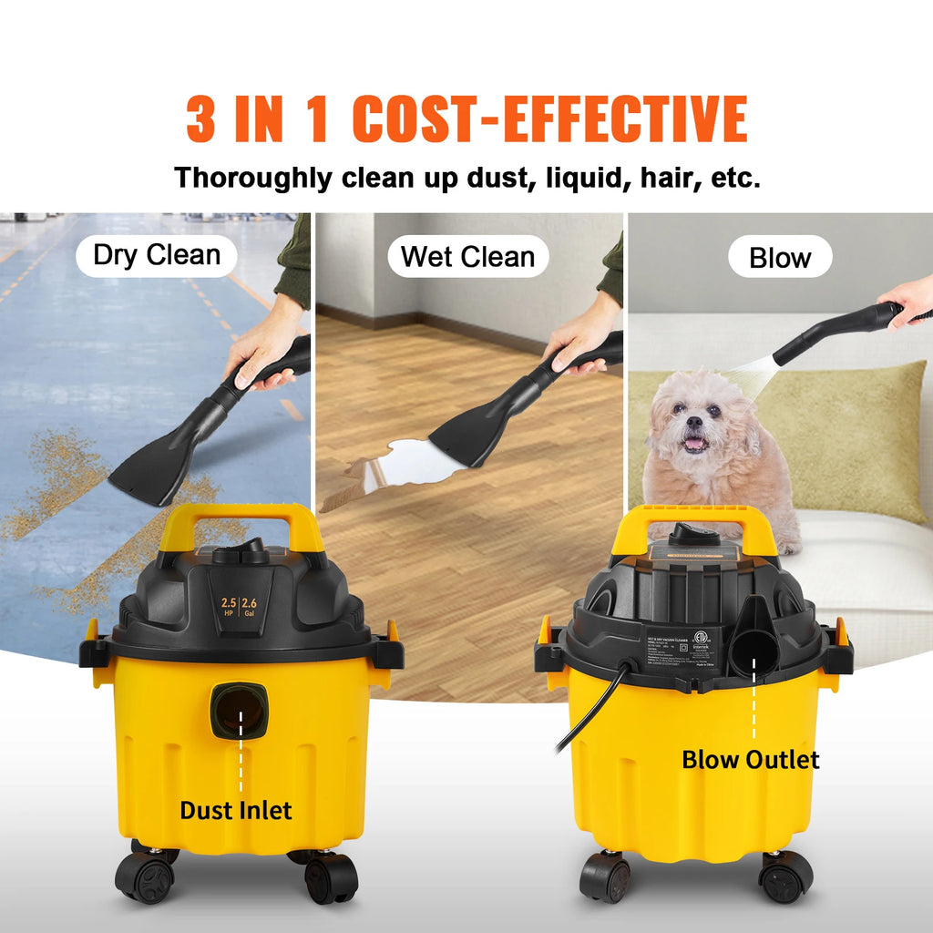 Wet Dry Vac 2.6 Gallon 2.5 Peak HP 3 in 1 Portable Shop Vacuum