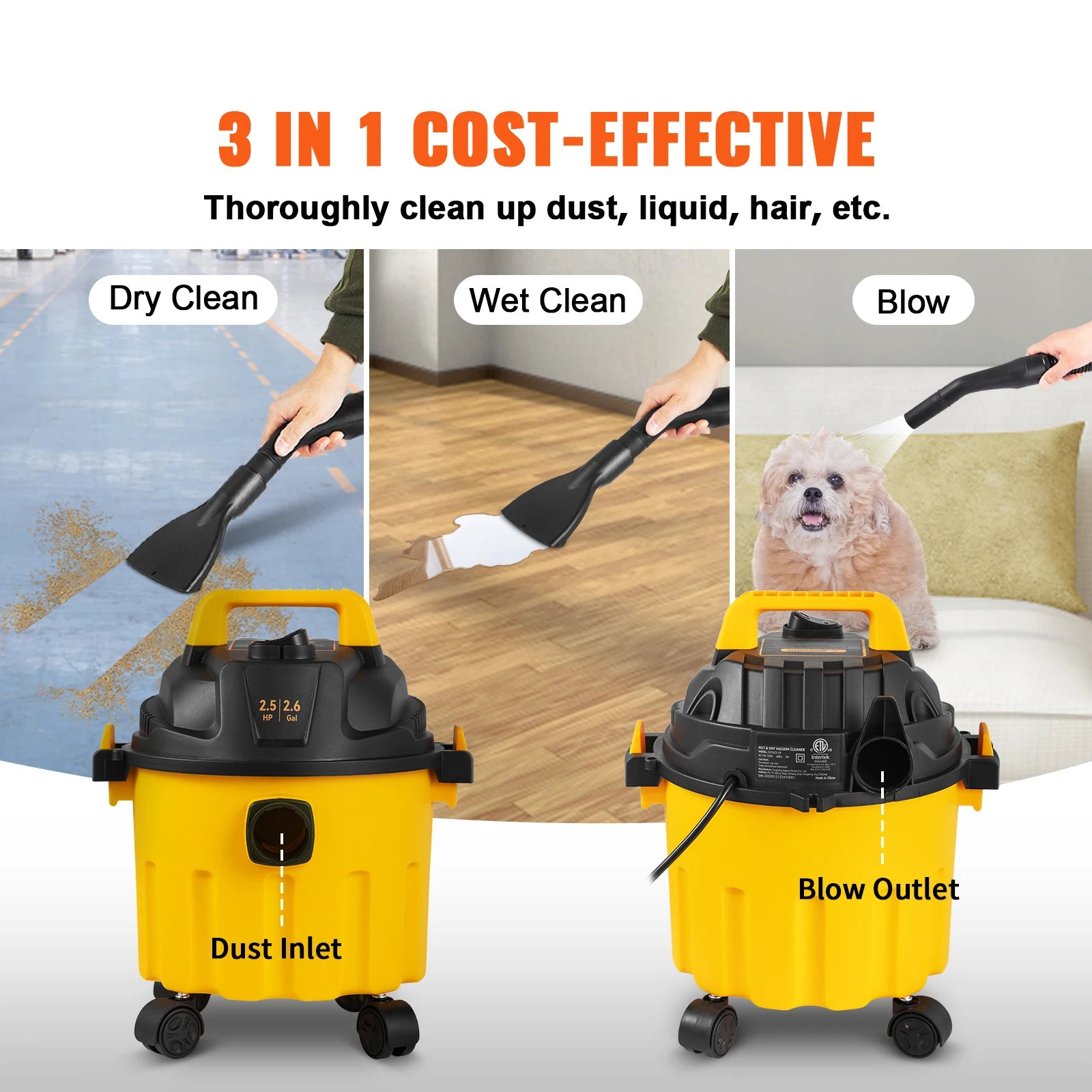 Wet Dry Vac 2.6 Gallon 2.5 Peak HP 3 in 1 Portable Shop Vacuum