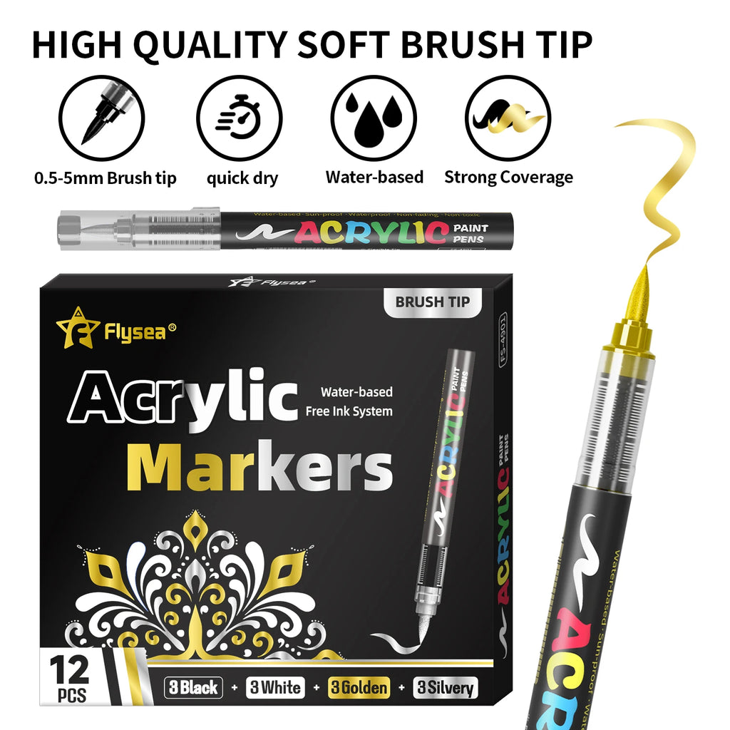 12-Pack (Gold, Silver, Black, White) Acrylic Paint Markers