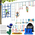 Warrior Obstacle Course For Kids And Adults - 65FT Slackline With Tree Climbing Rock Holds, Swing Seat, Monkey Bars, Ring Wheel,