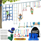 Warrior Obstacle Course For Kids And Adults - 65FT Slackline With Tree Climbing Rock Holds, Swing Seat, Monkey Bars, Ring Wheel,