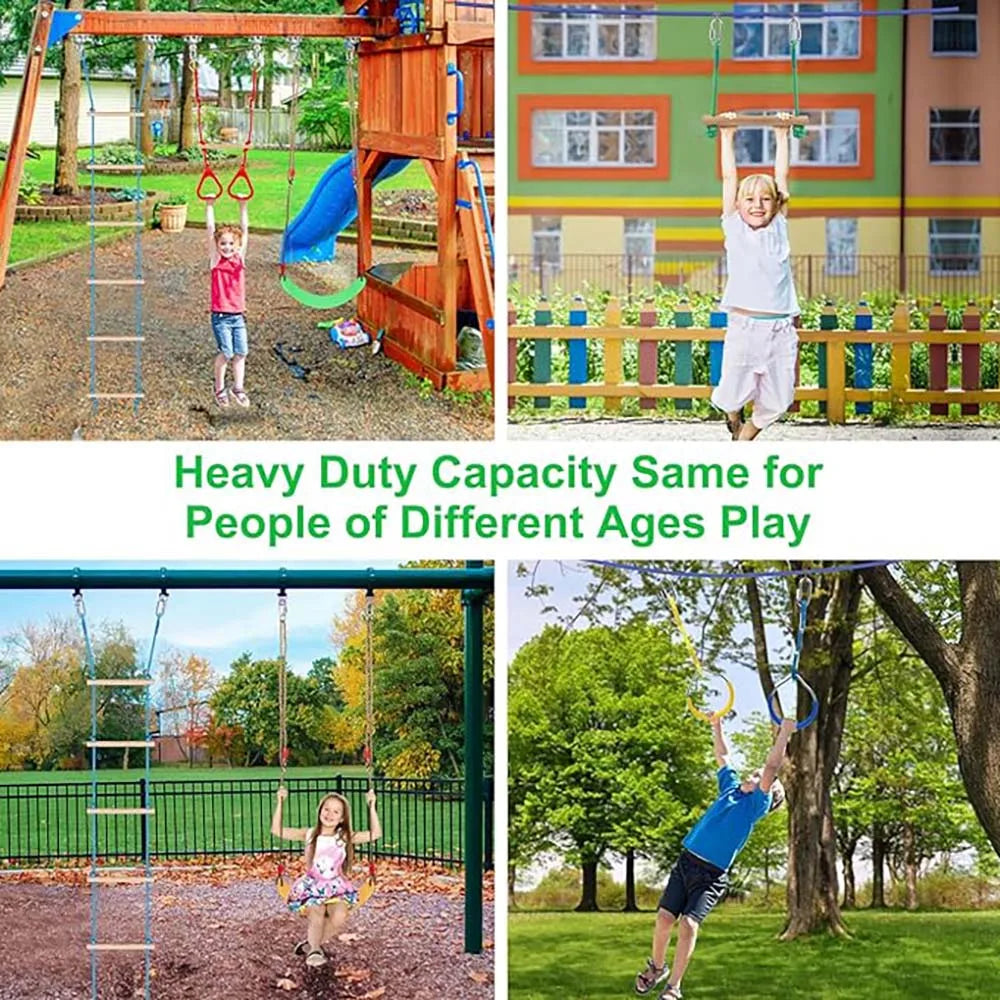 Warrior Obstacle Course For Kids And Adults - 65FT Slackline With Tree Climbing Rock Holds, Swing Seat, Monkey Bars, Ring Wheel,
