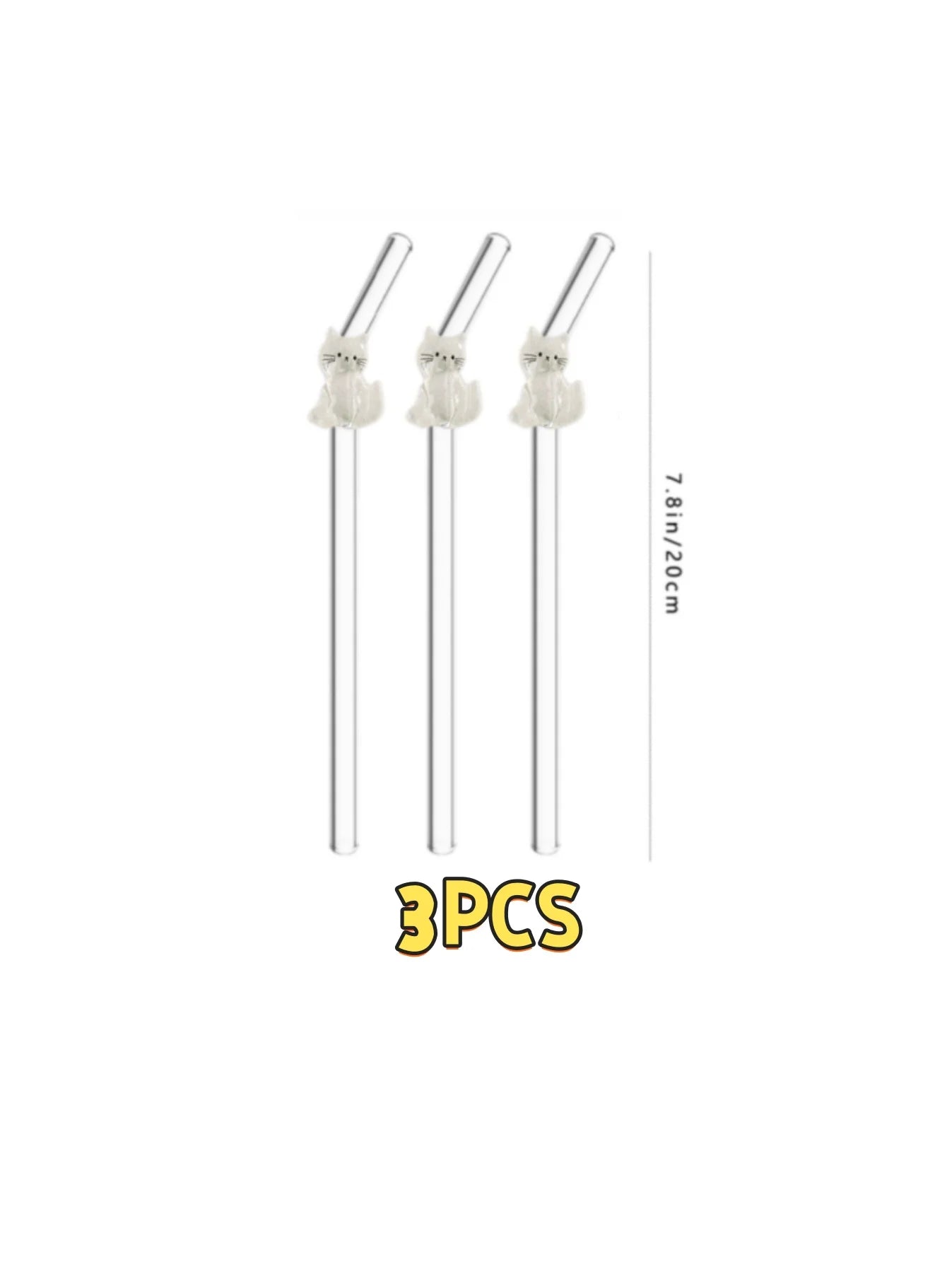 1/3/6PCS White Cat Curved Glass Straw