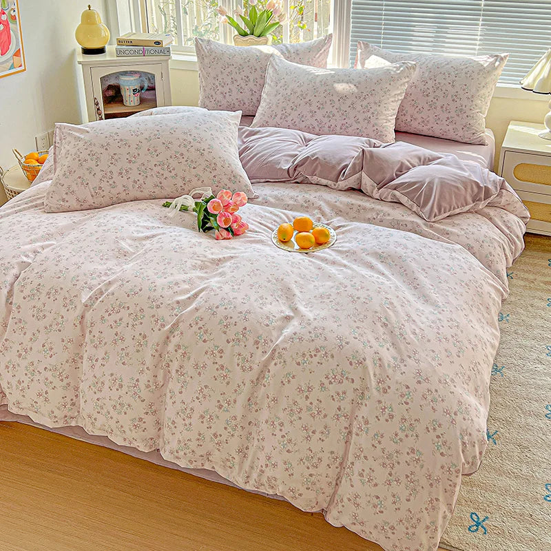 American Pastoral Floral Printed Bedding Set Soft Skin-Friendly Double King Size Duvet Cover Set with Flat Sheet and Pillowcases