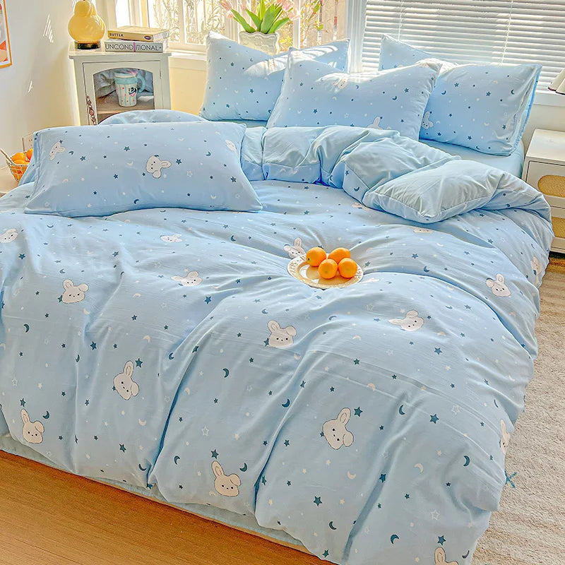American Pastoral Floral Printed Bedding Set Soft Skin-Friendly Double King Size Duvet Cover Set with Flat Sheet and Pillowcases