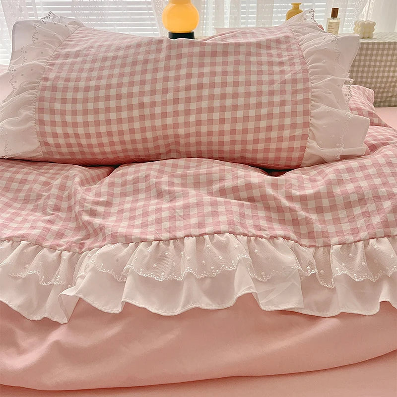 3 Piece Sheet Set  pink plaid duvet cover Set, Comfortable Bedding Set Bedspread for All Season