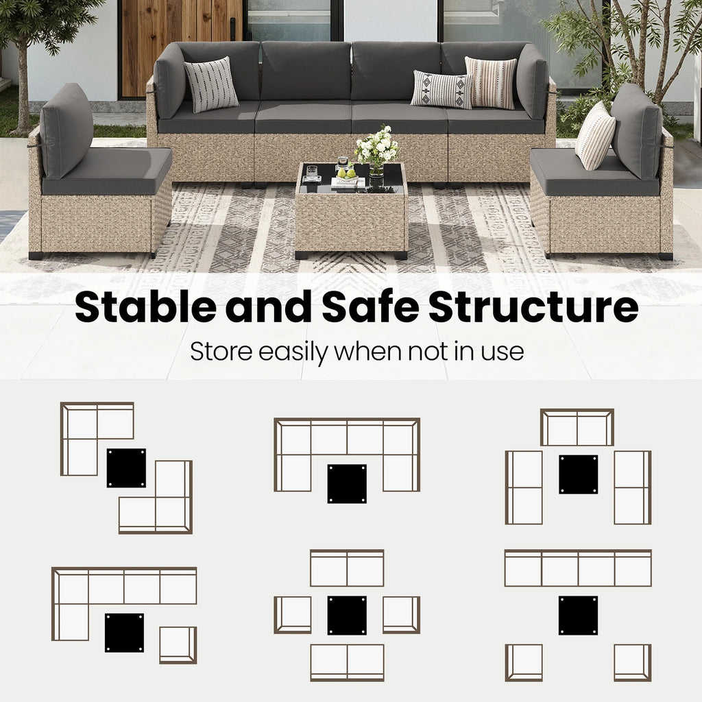 7-Piece Patio Furniture Set, Outdoor Rattan Sectional Sofa with Tempered Glass Table, All-Weather, for Garden, Porch, Backyard